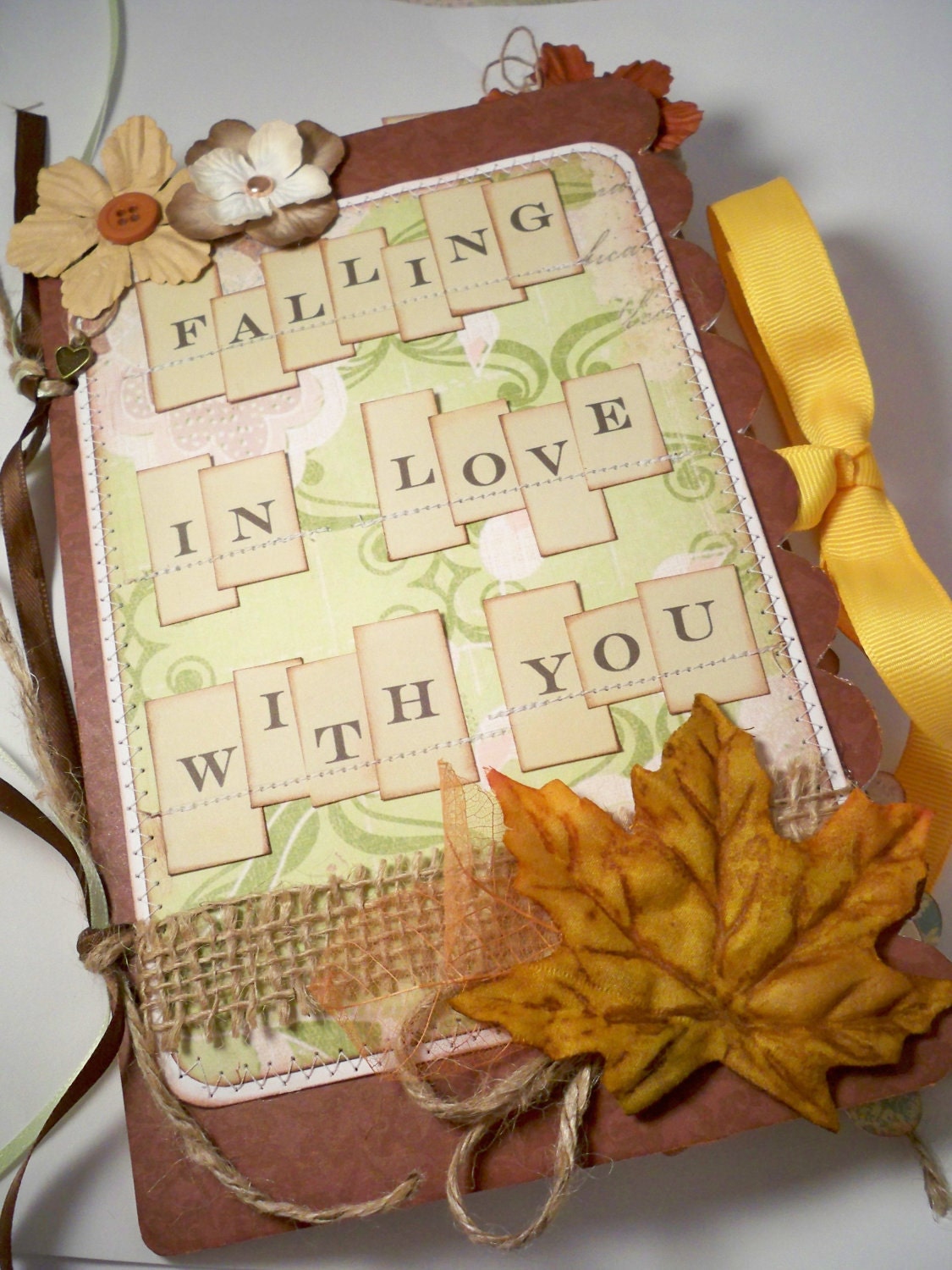 WEDDING/ LOVE Pre Made Scrapbook Album Chipboard and Paper Bag- "Falling In Love With You" Autumn Fall Anniversary 8.5" x 5.5"