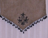Burlap Table Runner with Hand Stenciled Fleur de Lis w/ Bead Trim Up To 120 X 14 inches