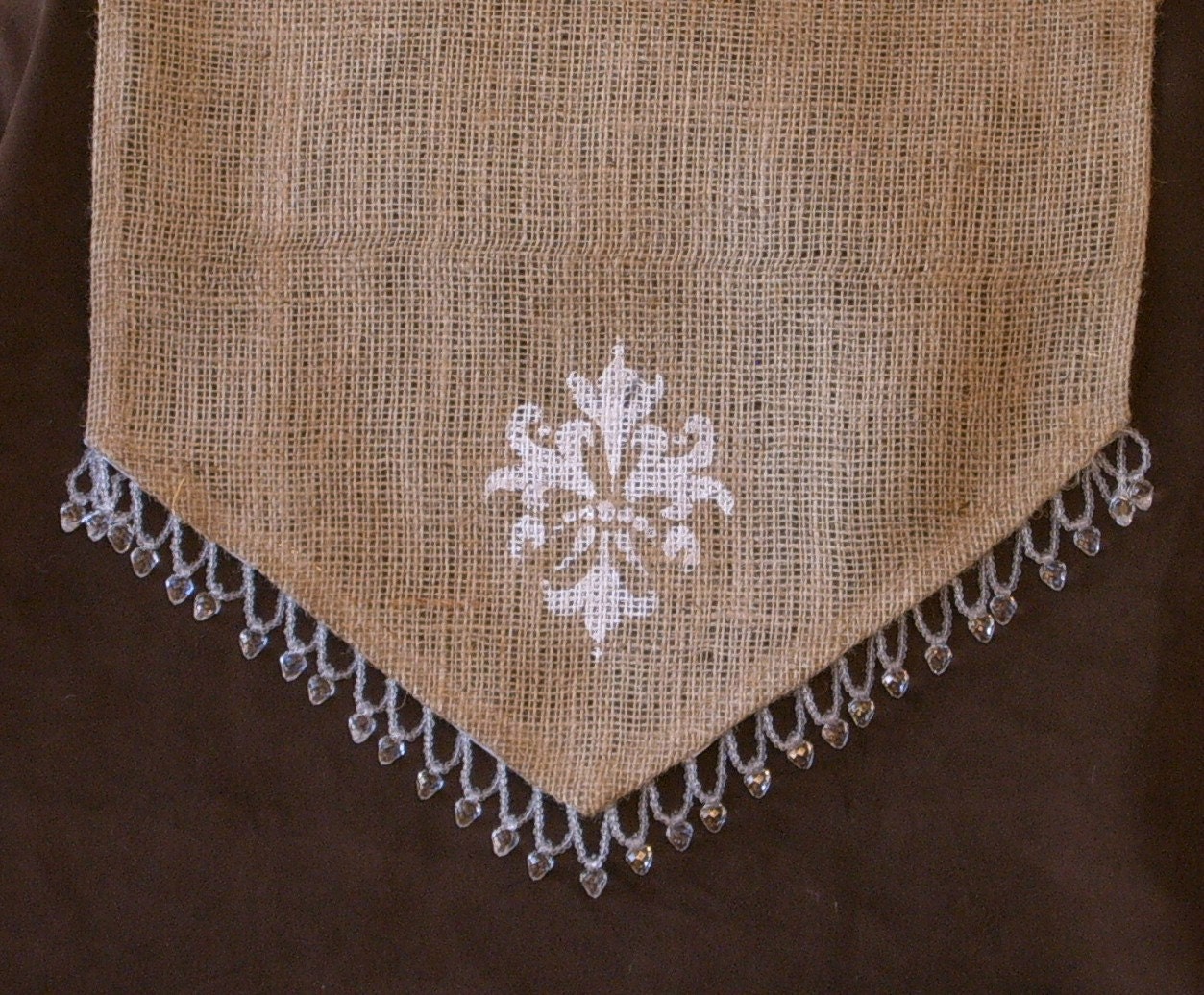 110 inch Burlap Table Runner with Hand Stenciled Fleur Design w/ Bead Swag Trim  X 14 inches