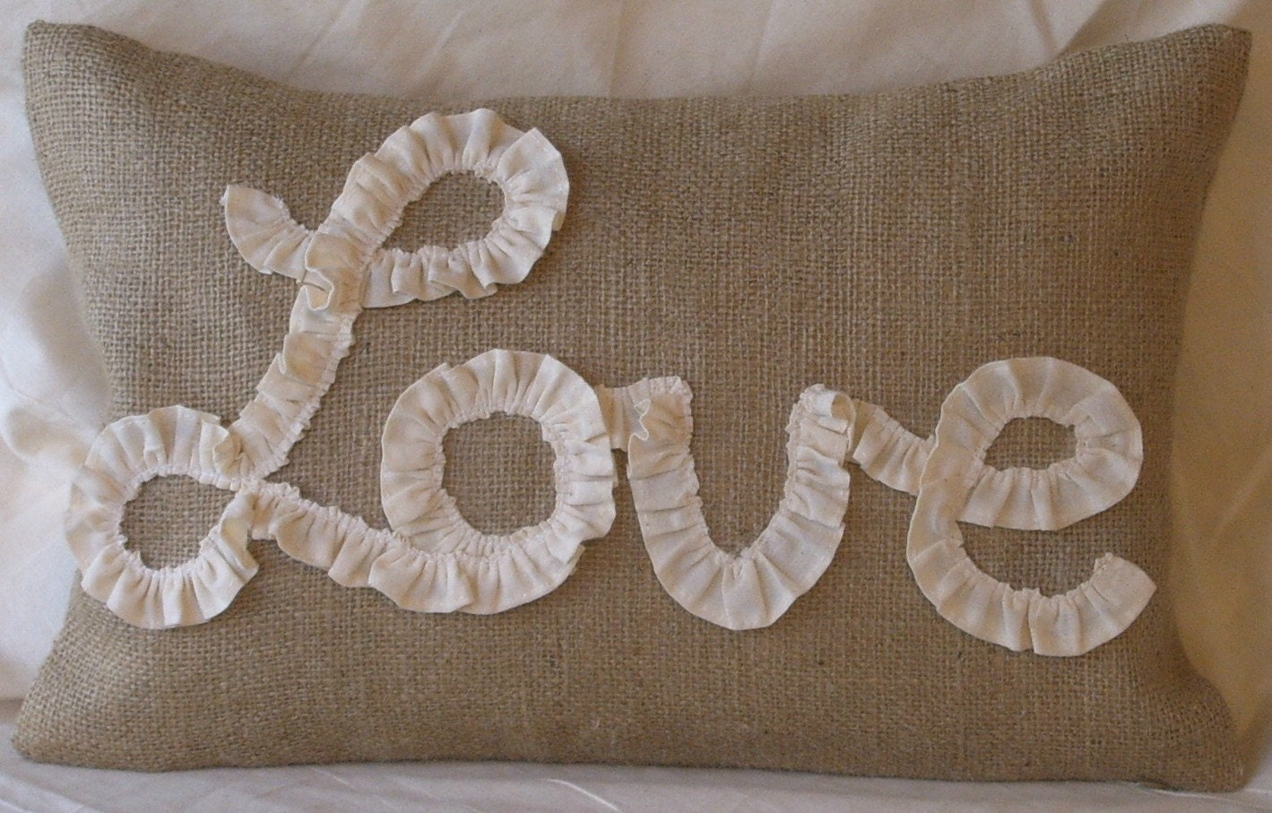Burlap Lumbar Pillow Cover Lined- / Ruffled Love in Natural Muslin 18" X 12" or 18 X 18