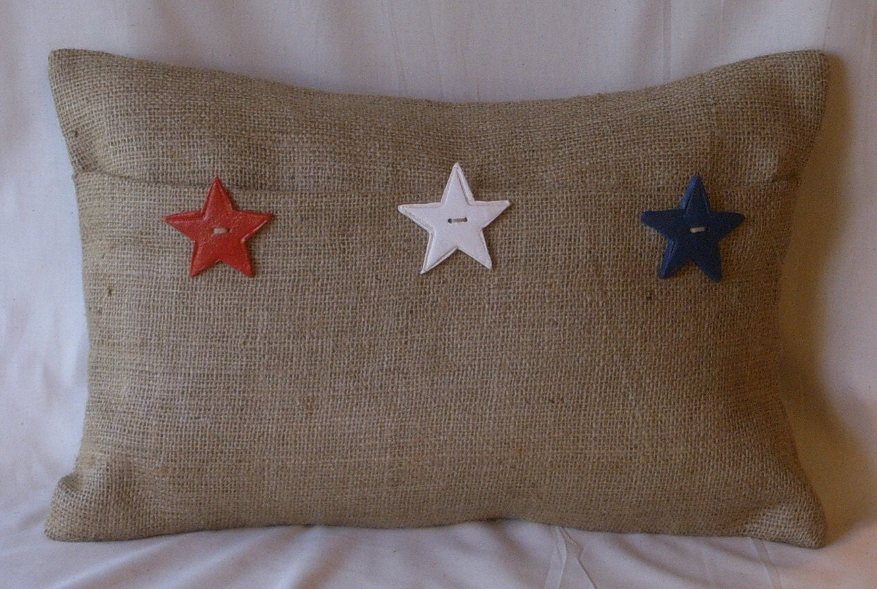 Burlap Lumbar White Stars Pillow Cover with 3 Handmade Buttons 18" X 12"
