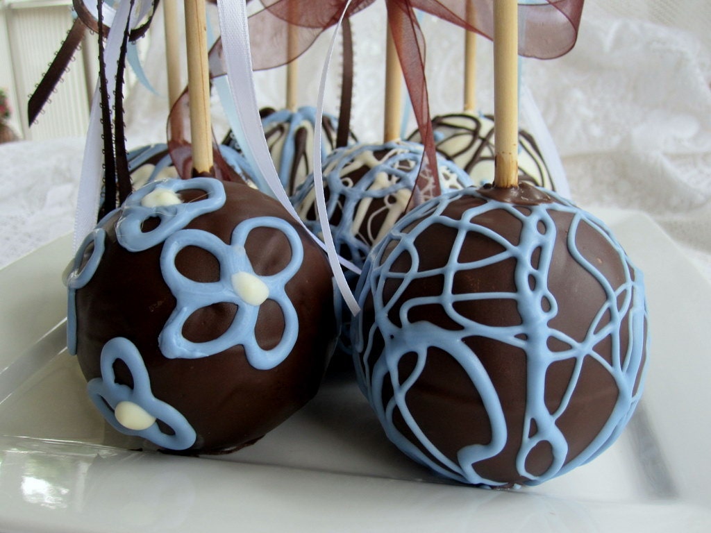 Wedding Favors - Candy Apples - Blue-White-Brown Custom Wedding or Special Event Gourmet Caramel Chocolate Apples
