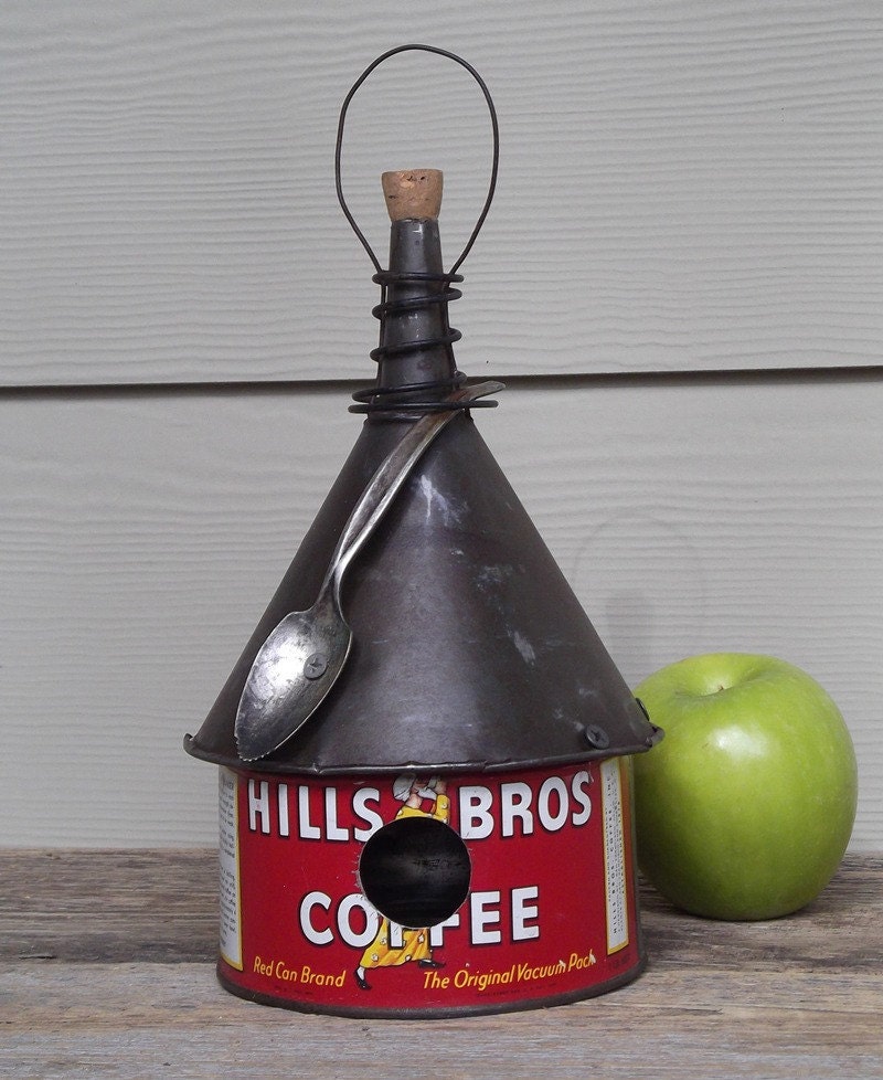 Coffee can birdhouse, whimsical birdhouse,  funnel roof, red, vintage, recycled