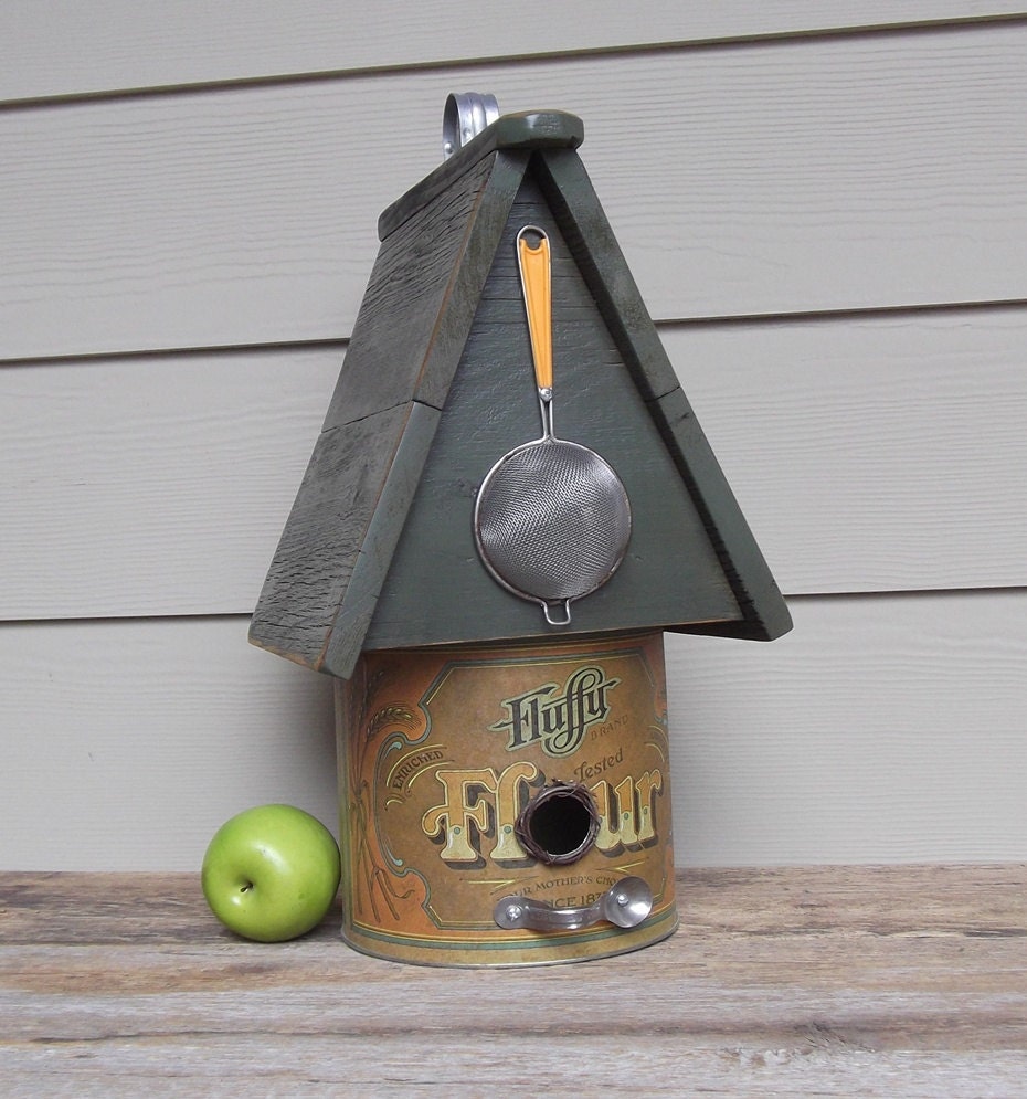 Reclaimed Vintage Flour Canister Birdhouse, Whimsical Birdhouse, Recycled Utensils, Decorative Birdhouse, Outdoor Birdhouse, OOAK