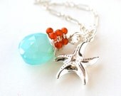 Beach Day Necklace Starfish Aqua Chalcedony and Orange Carnelian Sterling Silver - Summer Fashion, Under 50 dollars, turquoise and coral