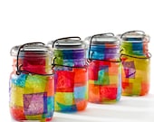 vintage atlas & ball glass top mason jars .. ooak handmade solar lights : pint size decoupage - set of four rainbow multi