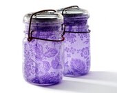 set of two vintage atlas & ball glass top mason jars .. handmade solar lights : pint size decoupage - purple floral lace