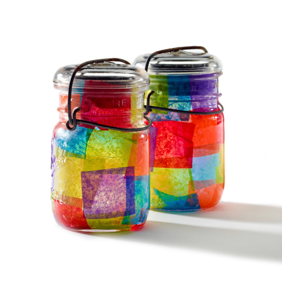 vintage atlas & ball glass top mason jars .. ooak handmade solar lights : pint size decoupage - rainbow multi set of two