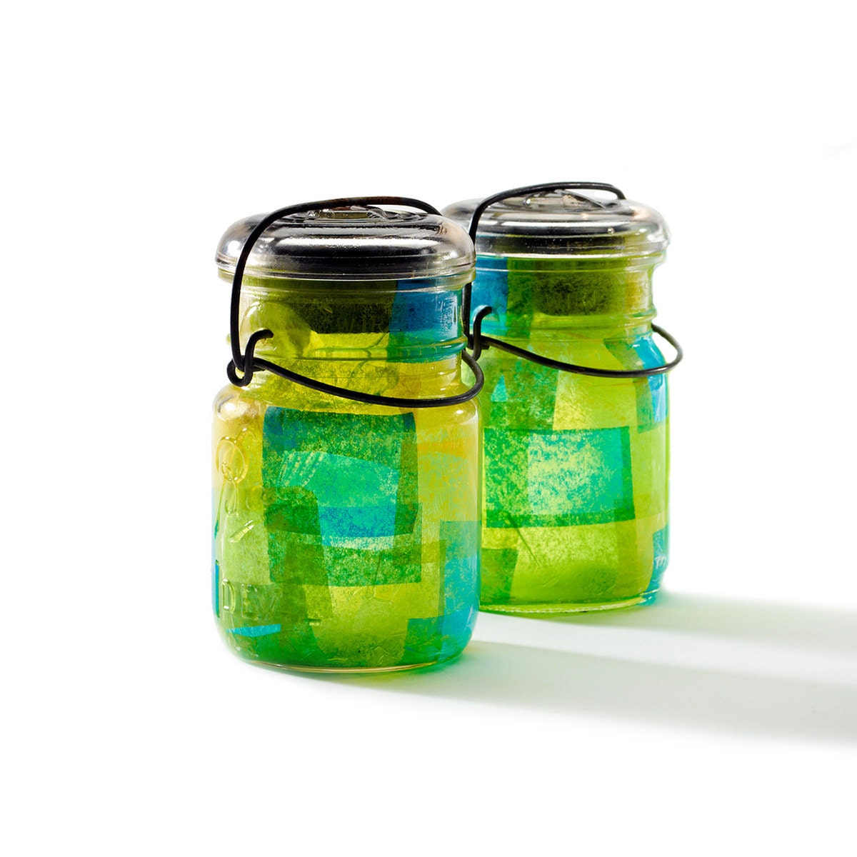 vintage atlas & ball glass top mason jars .. handmade solar lights : pint size decoupage - blue green yellow set of two