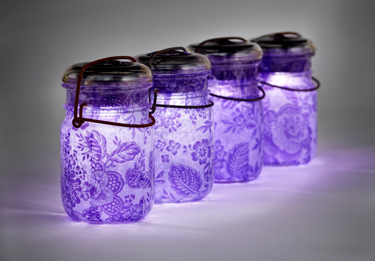 solar light mason jars vintage atlas & ball glass top  .. handmade : pint size decoupage - set of four purple lace wedding decor