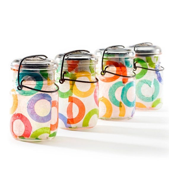 vintage atlas & ball glass top mason jars .. handmade solar lights : pint size decoupage - set of four circle mod multi rainbow color