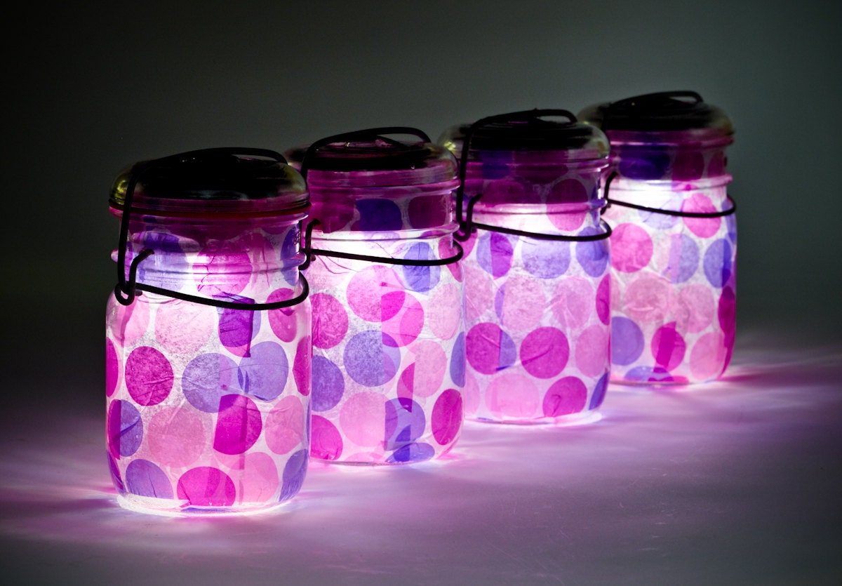 vintage atlas & ball mason jars .. handmade solar lights : pint size decoupage - set of four gumball pink and purple bubble gum polka dots