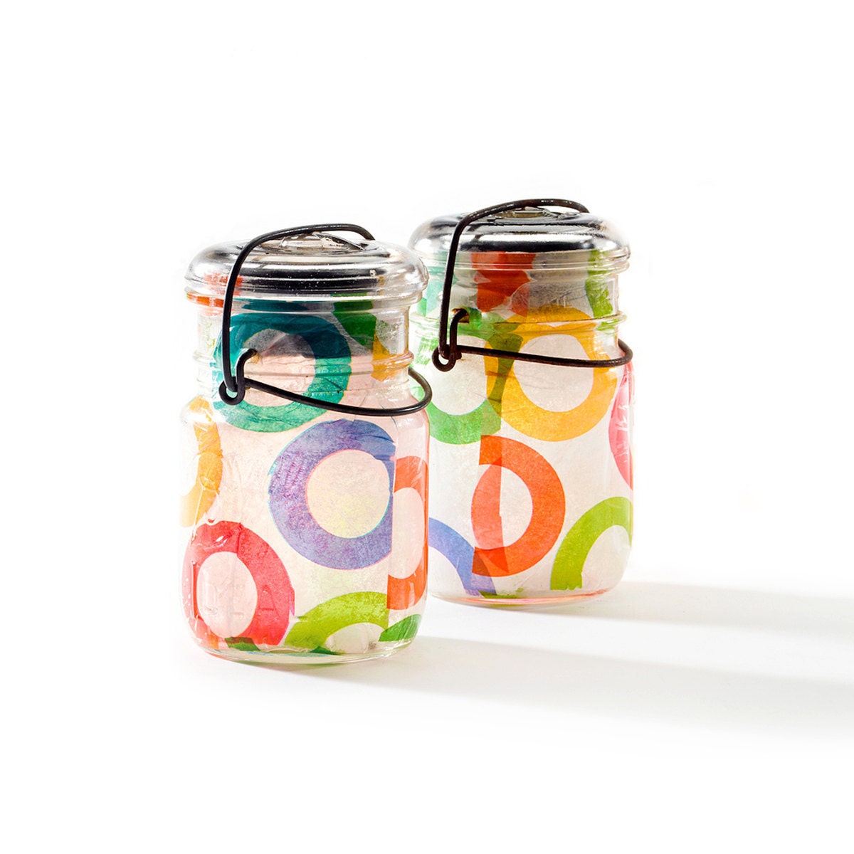 mason jars solar lights set of two vintage atlas & ball glass top  .. handmade : pint size decoupage - circle mod multi rainbow color