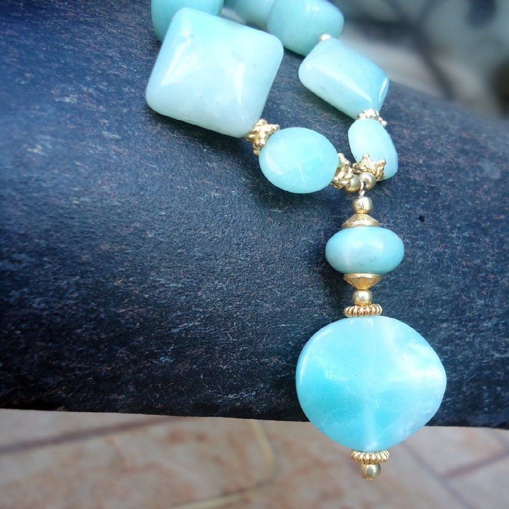 Blue Necklace Yellow Gold Jewelry Amazonite Gemstone Jewellery Gift Ideas for Her Pendant Drop Wedding Bridesmaid Beaded N-55