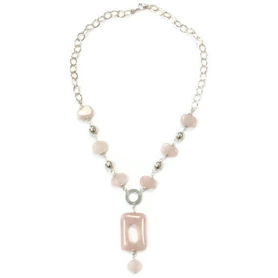 Pink Necklace Rose Quartz Necklace Sterling Silver Jewelry Gemstone Jewellery Pendant Drop Easter Pastel Spring Fashion Chain N-207