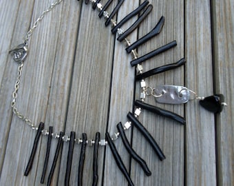 Black Coral Necklace Silver Jewelry Gemstone Jewellery Bib Fringe Branch Funky Tribal Exotic Pendant Chain N-39