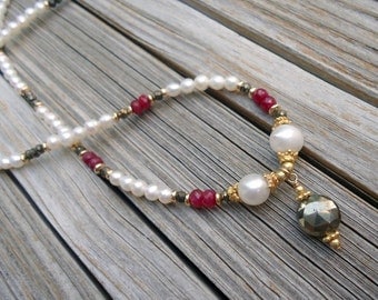 Pearl Necklace Ruby Jewelry Pyrite Jewellery Vermeil 14k Yellow Gold Natural Gemstone Red White Pendant Fools Gold N-48