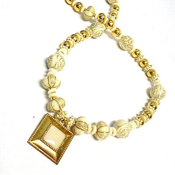 Cream  Necklace Cream Pendant Yellow Gold Jewelry Art Deco Beaded Etched Gift Ideas for Her Unique Beaded Vintage Style N-27