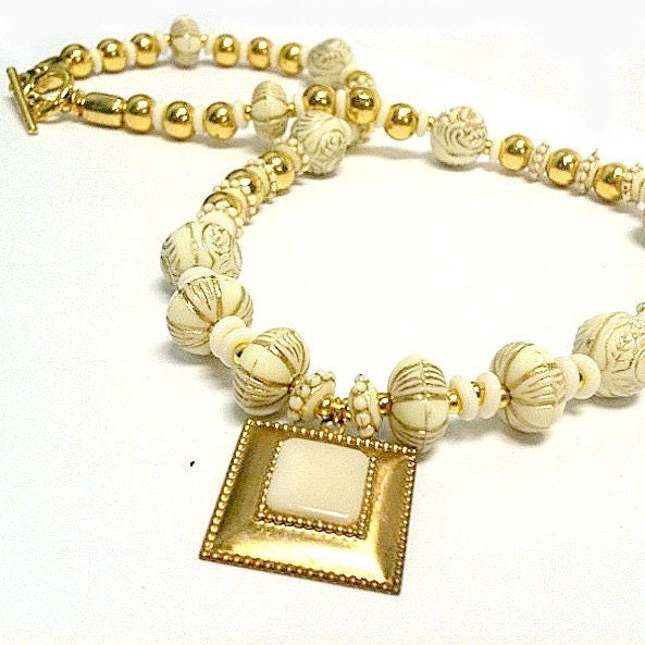 Cream  Necklace Cream Pendant Yellow Gold Jewelry Art Deco Beaded Etched Gift Ideas for Her Unique Beaded Vintage Style N-27