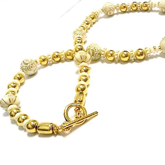 Cream  Necklace Cream Pendant Yellow Gold Jewelry Art Deco Beaded Etched Gift Ideas for Her Unique Beaded Vintage Style N-27