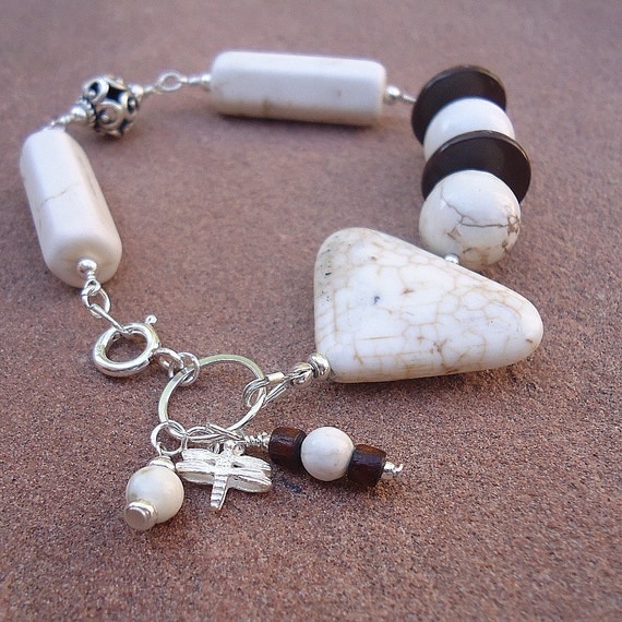 White Howlite Bracelet Asymmetric Triangle Dragonfly Charm Geometric Sterling Silver Jewelry Brown Cream Gemstone Jewellery Wood B-16