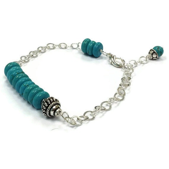 Turquoise Bracelet Bead Bar Sterling Silver Jewelry Chain Jewellery 925 Asymmetric Stack Layer Gemstone B-216