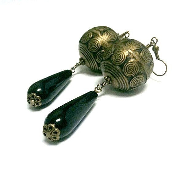 Black Earrings Brass Jewelry Handmade Jewellery Onyx Natural Gemstone Chunky Mod Round Ball Etched