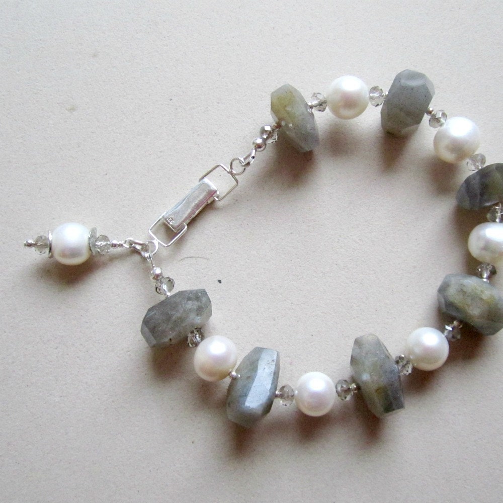 Labradorite Pearl Bracelet Sterling Silver Jewelry Natural Gemstone Jewellery Gray Grey June Birthstone Chunky Crystal Charm B-67