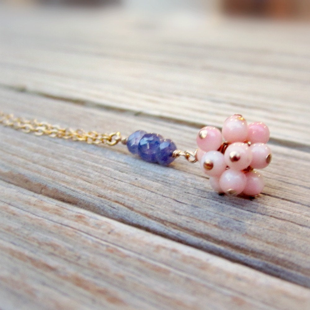 Pink and Purple Necklace Tanzanite and Coral Jewellery 14k Yellow Gold Jewelry Natural Gemstone Unique Dainty Chain N-219