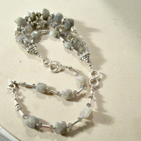 Gray Labradorite Necklace Sterling Silver Jewelry Multistrand Jewellery Triple Strand Grey Custom Gemstone Beaded N-121