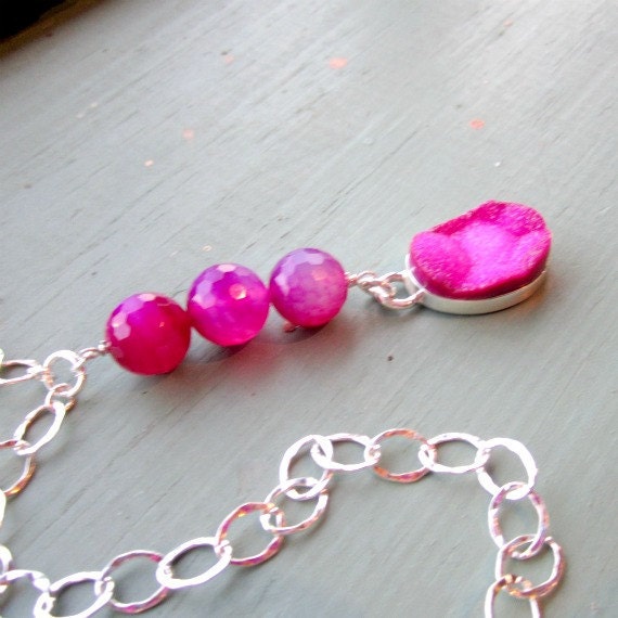 Pink Druzy Necklace Druzy Pendant Sterling Silver Jewelry Drusy Hot Pink Neon Jewellery Colorblock Gift Ideas Spring Fashion Dipped