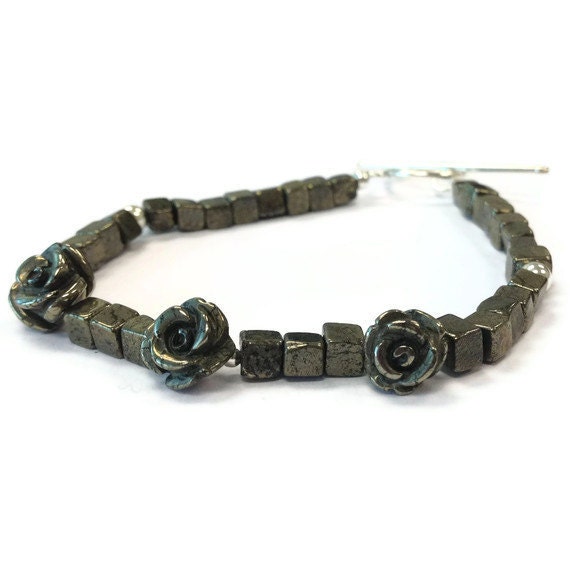 Pyrite Bracelet Flower Bracelet Sterling Silver Jewellery Gemstone Jewelry Fools Gold Mixed Metal Dainty Fashion B-195