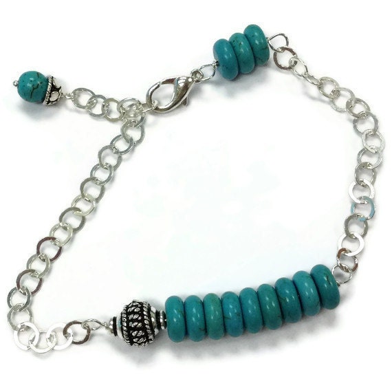 Turquoise Bracelet Bead Bar Sterling Silver Jewelry Chain Jewellery 925 Asymmetric Stack Layer Gemstone B-216