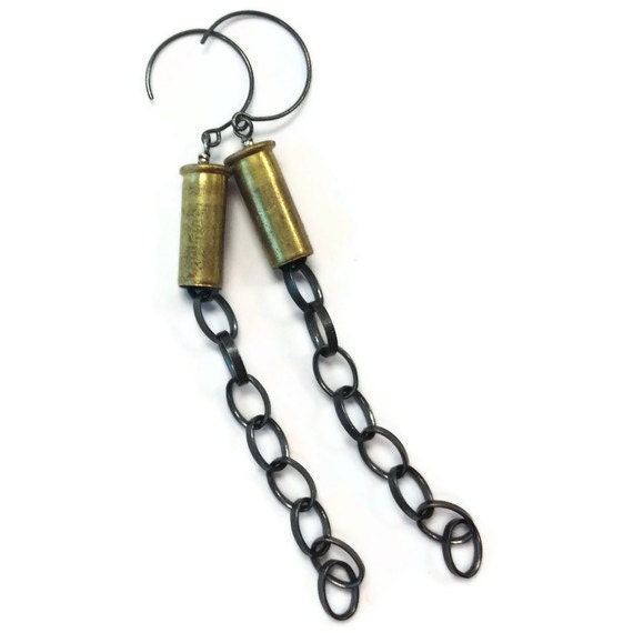 Bullet Earrings Shell Casings Brass and Oxidized Sterling Silver Chain Hipster Dangle Earrings Bullet Jewelry Mixed Metallic ER-TBM