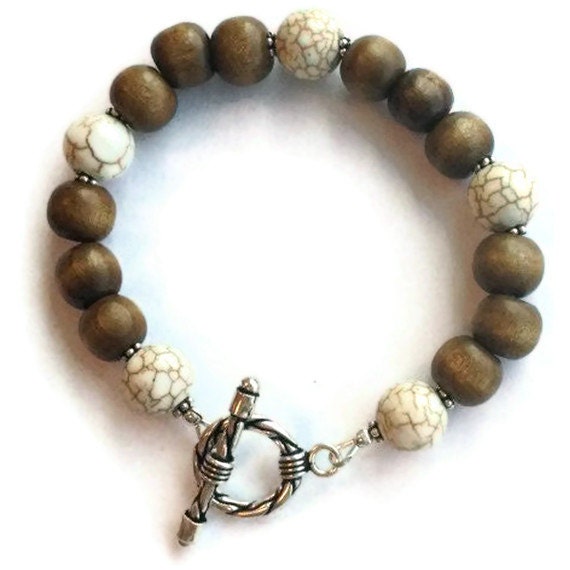 Brown Wood Bracelet White Turquoise Bracelet Jewelry Silver Jewellery Natural Gemstone Earth Tones Layer Stack Minimal Everyday B-218