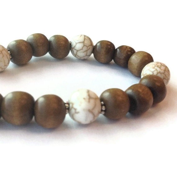 Brown Wood Bracelet White Turquoise Bracelet Jewelry Silver Jewellery Natural Gemstone Earth Tones Layer Stack Minimal Everyday B-218