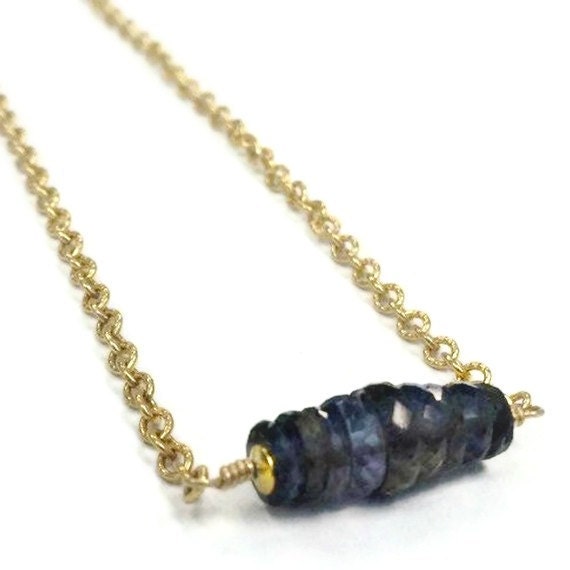 Iolite Necklace Gold Jewelry Gemstone Jewellery Chain Purple Periwinkle Violet Iridescent Bright Unique Bead Bar N-229