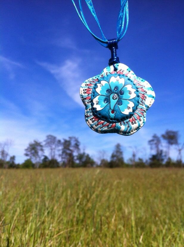 Hippie Necklace, Polymer Clay Pendant, Sunny Afternoon, Bright Blue Flower