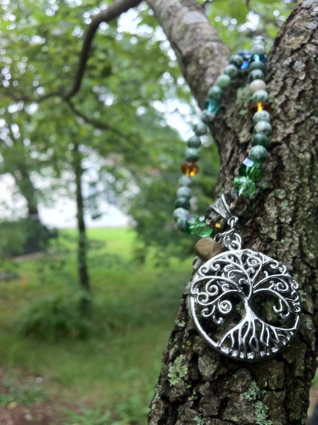 Tree of Life Pendant Necklace with Tree Agate and Swarovski Crystal, Matching Earrings