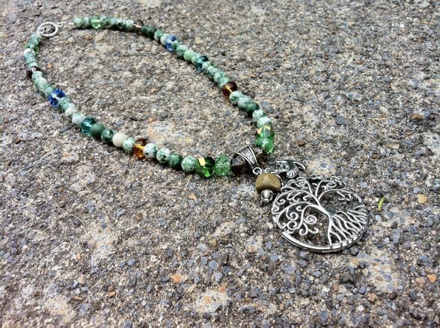 Tree of Life Pendant Necklace with Tree Agate and Swarovski Crystal, Matching Earrings