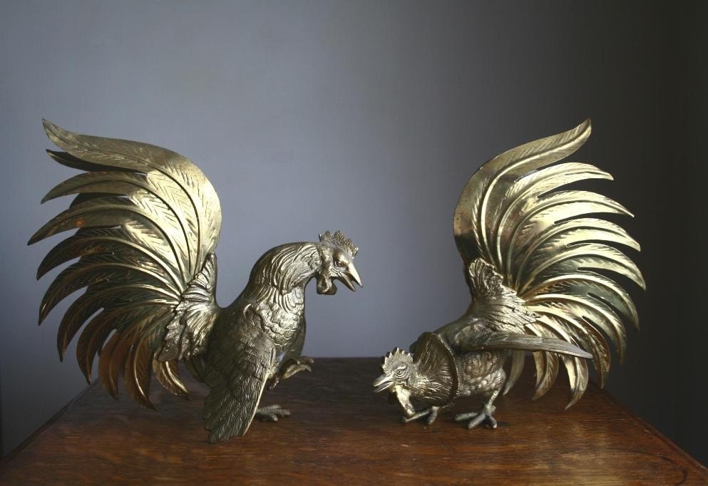 Fighting cocks, pair of vintage brass sulptures