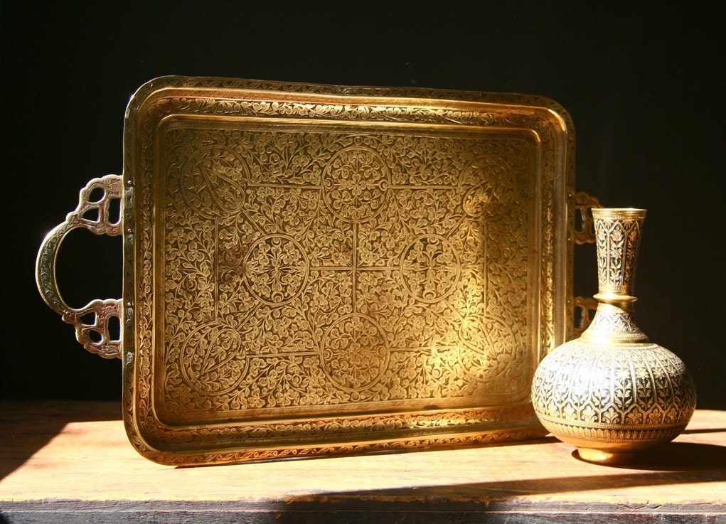 Brass tray, vintage brass serving tray