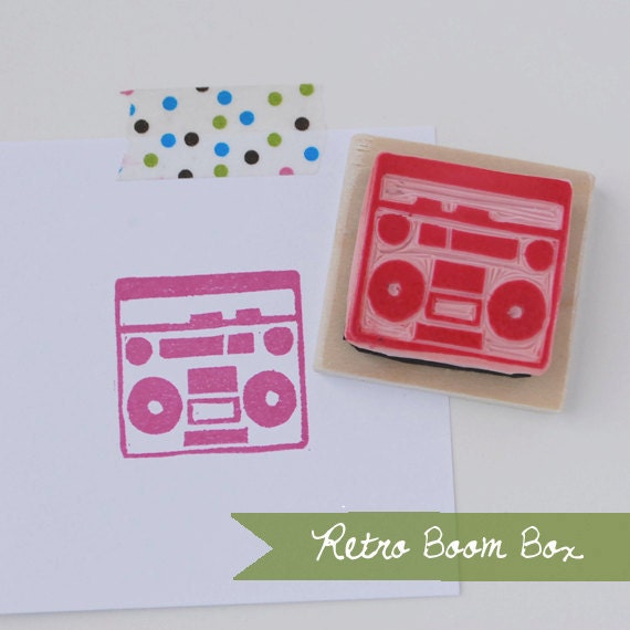 Hand Carved Retro Boom Box Rubber Stamp