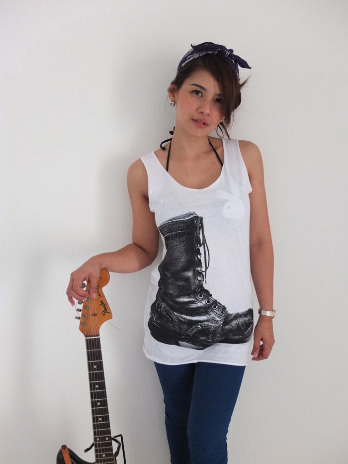 Grunge Army Boot Punk Goth Rock Print Tank Top M