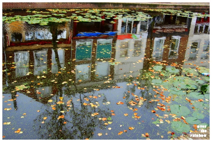 Houses reflection in the water, landscape photograph, water reflection, townscape, whimsical, Giclee print, 8x12 - titled: Delft