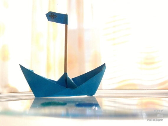 Blue nursery decor, paper boat, still life photo, origami, 8x6 - titled: Calm Waters