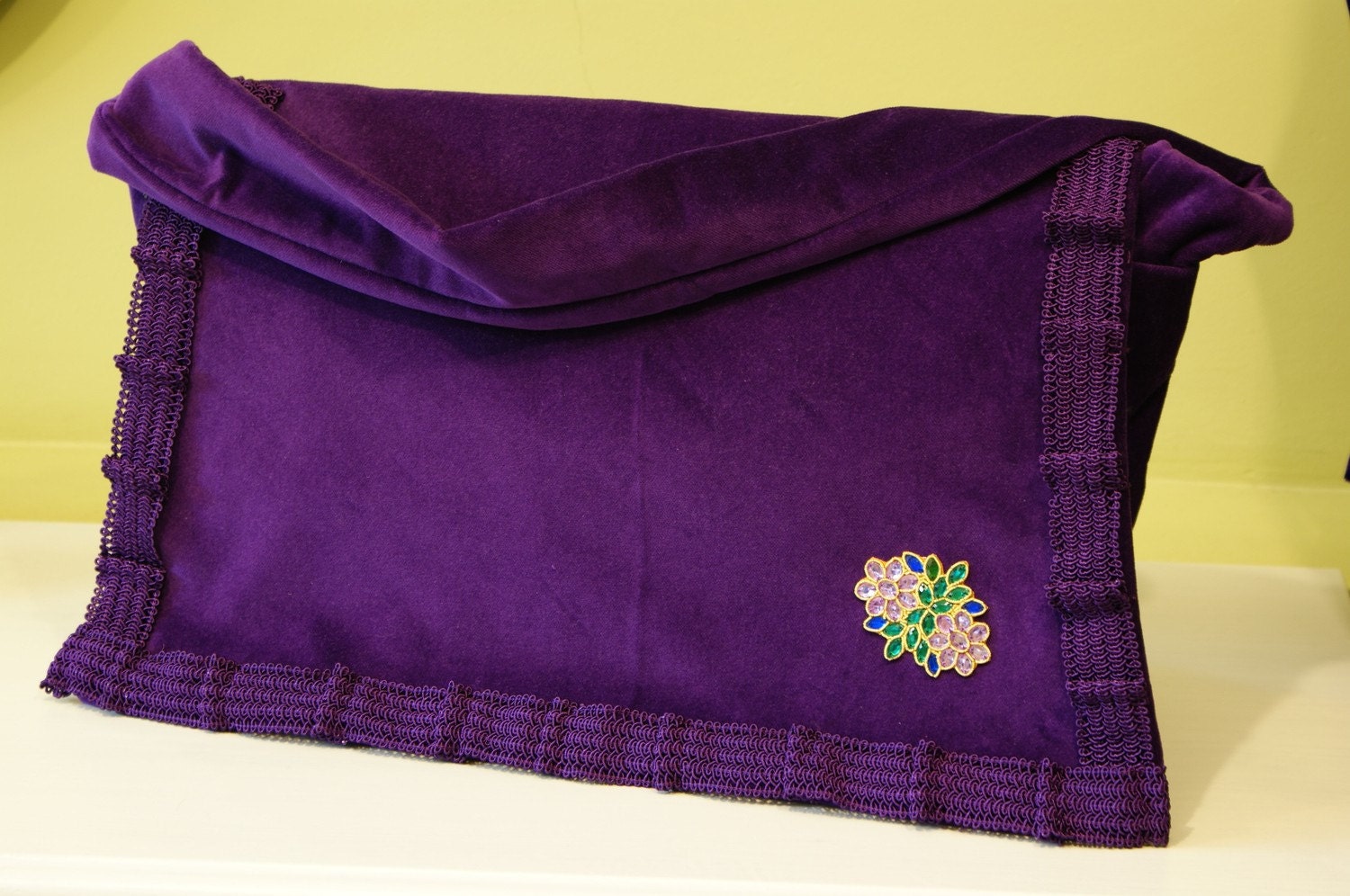Purple Plum Mauve Velvet Handbag Shoulder Bag With Artisan Hand-jewelled Pink Green Brooch