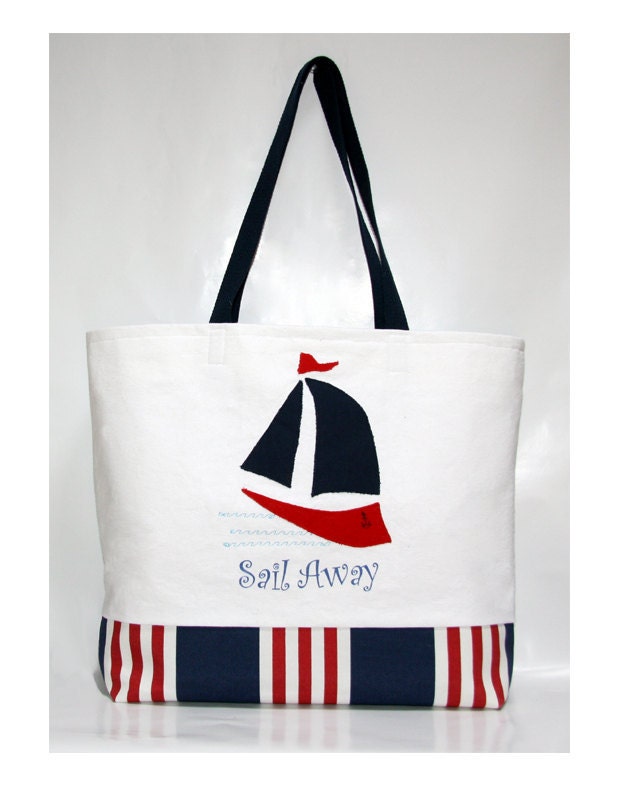 Beach Tote Sail Away  Red White and Blue Summer Large Bag XL