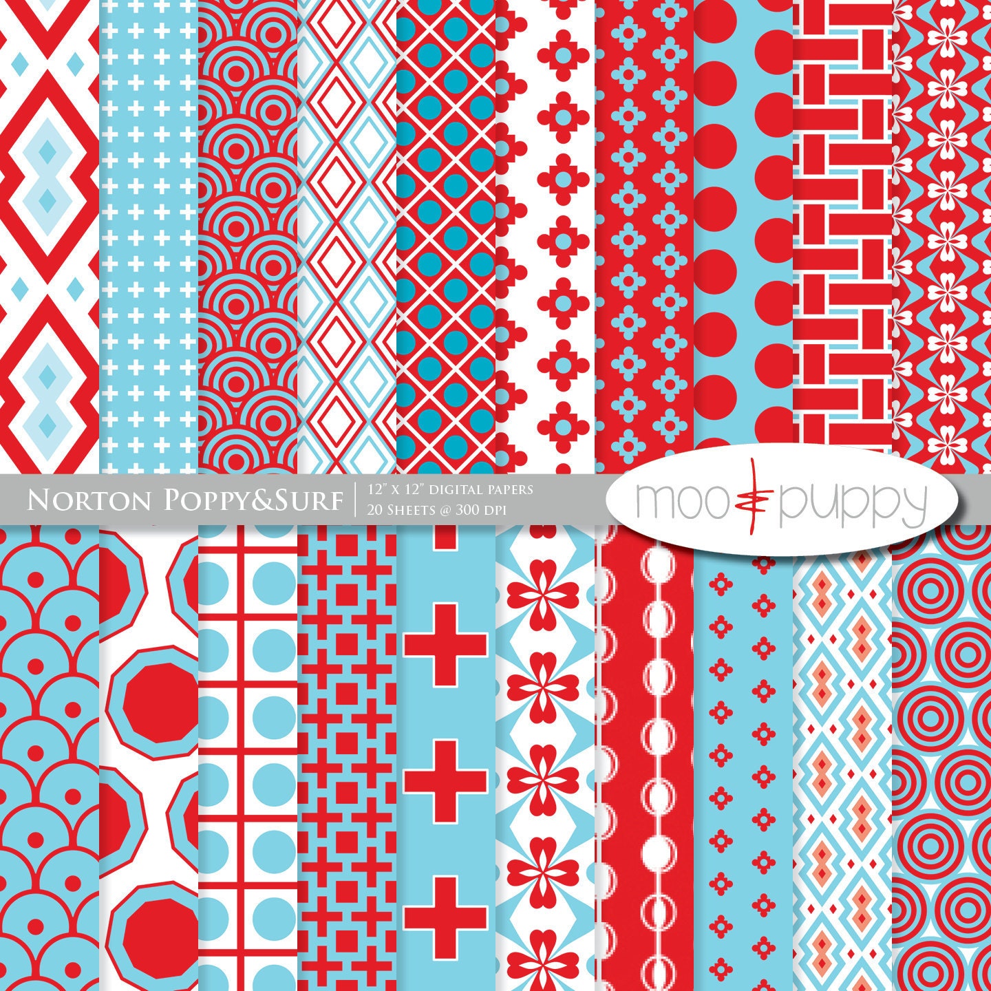 Digital Scrapbooking Paper Pack - Norton Poppy&Surf -- INSTANT DOWNLOAD