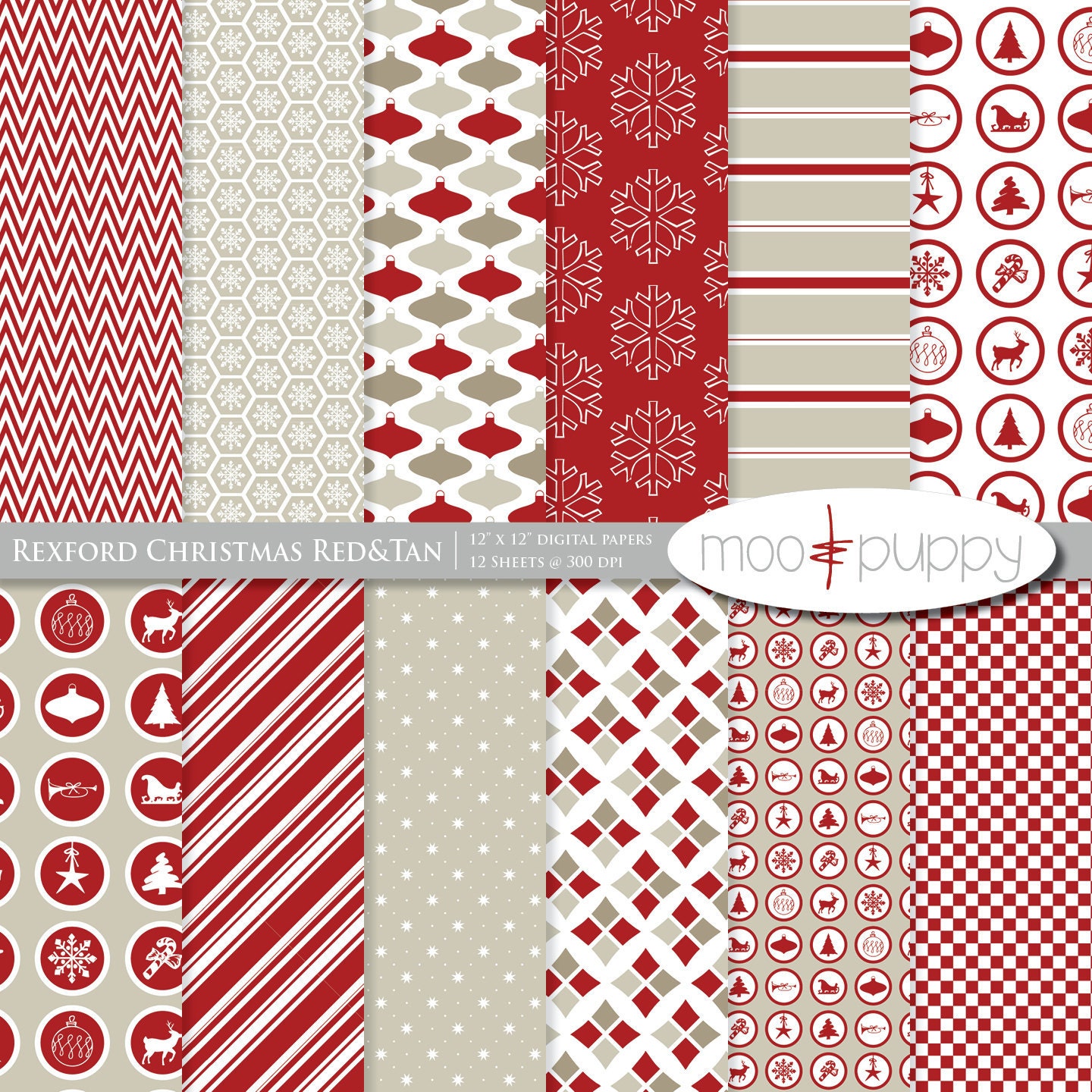 Christmas Digital Scrapbook Paper Pack and Clip Art- Rexford Red&Tan  -- INSTANT DOWNLOAD